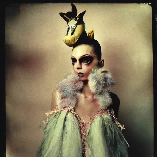 Image similar to damaged kodak portra 4 0 0, wetplate, photo of a surreal artsy dream scene,, very beautiful model, weird fashion, grotesque, extravagant dress, strange pose, carneval, with an animal, wtf, photographed by paolo roversi style