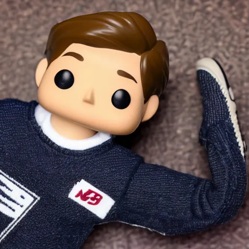 Prompt: a 21 year old skinny white guy with no beard and black hair in a navy blue sweater , jeans and grey new balance shoes funko pop close up highly detailed photo