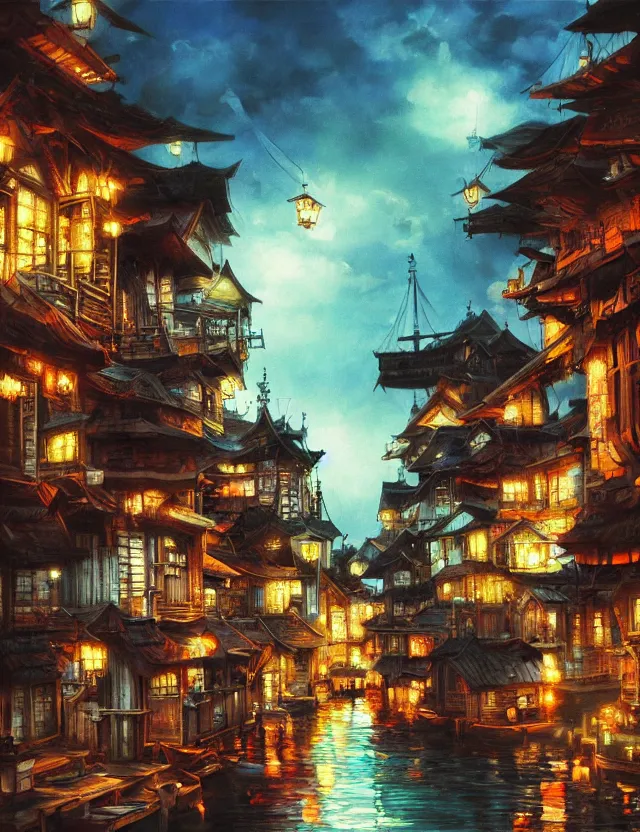 Prompt: lost in a floating town. oil painting by award - winning mangaka. backlighting, chiaroscuro, intricate details, depth of field, luminescent colors.