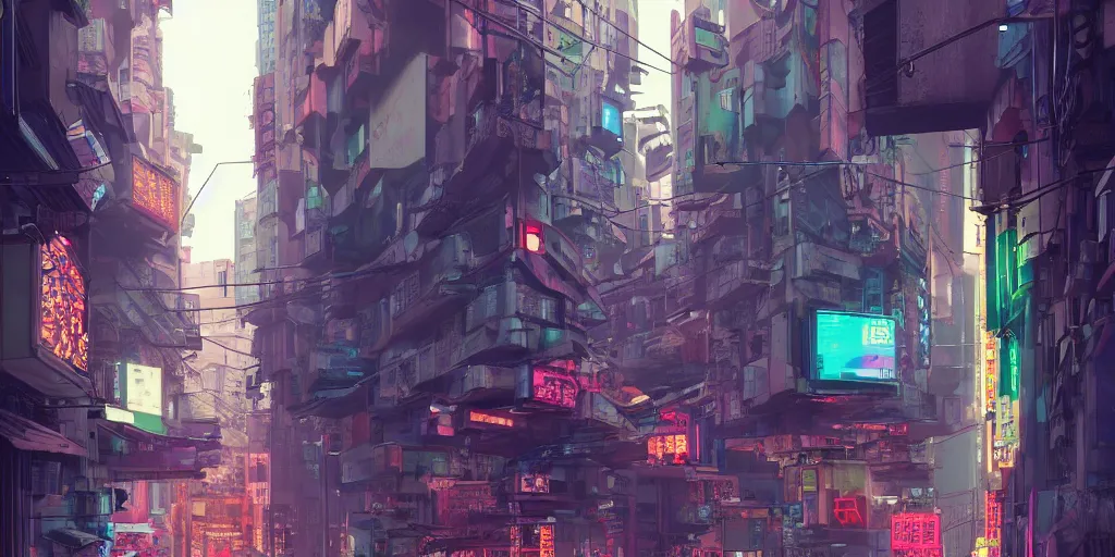 Image similar to a cyberpunk hong kong alley with robots and humans walking around by moebius, pixar color palette, clear details, street level, 8k