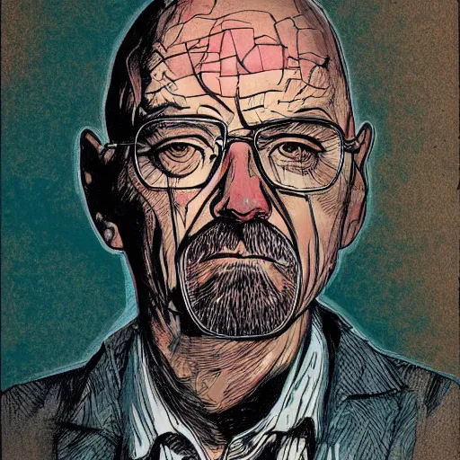 Prompt: Graphic Illustration, Creative Design, Walter White, Biopunk, Body Horror, Full Body Portrait, Character Design, by Ralph Steadman, Francis Bacon, Hunter S Thompson