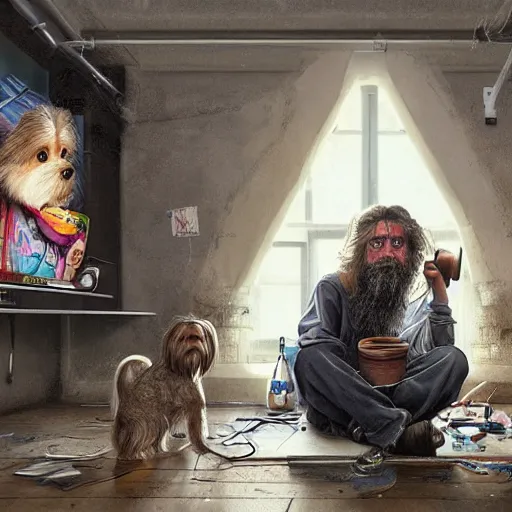 Image similar to homeless man hobo with long beard and long hair sitting at his computer in a white room asylum, headphones on head, his pet dog yorkshire terrier sitting beside him, pixar style, by tristan eaton stanley artgerm and tom bagshaw.