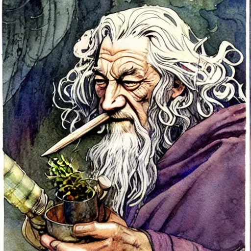 Image similar to a realistic and atmospheric watercolour fantasy character concept art portrait of gandalf with bloodshot eyes giggling and smoking weed out of his pipe by rebecca guay, michael kaluta, charles vess and jean moebius giraud