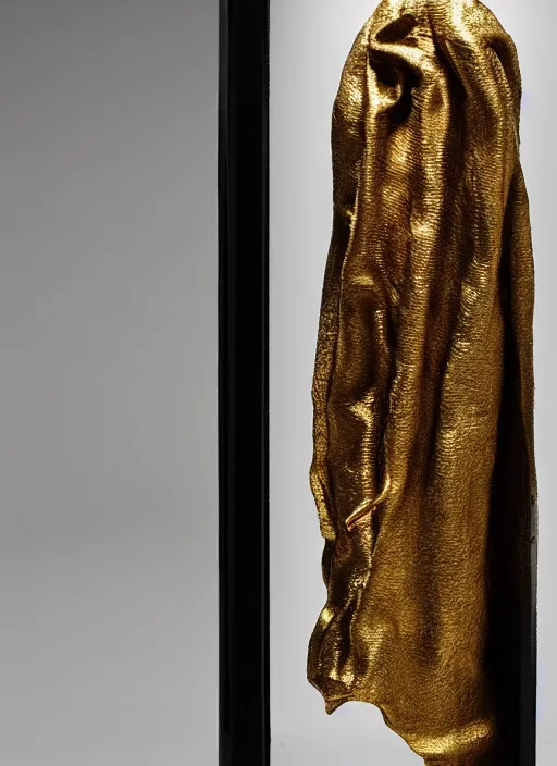 Image similar to bronze age Irish, gold cloak pin of a dinosaur, studio lighting, museum display case