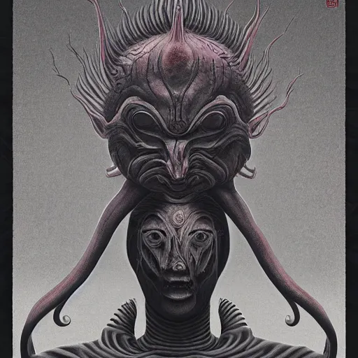 Image similar to naraka buddhist demon korean female, nazgul, happy female alien, tubular creature, blood vessels, no face, dystopian surrealism, alex ries zdzisław beksinski, symmetrical long head, smooth marble surfaces, smooth marble surfaces, detailed ink illustration, detailed ink illustration, raiden metal gear, cinematic smooth stone, deep aesthetic, concept art, intricate