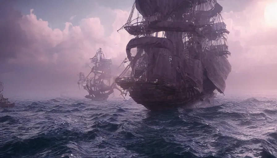 Prompt: A highly detailed matte painting of a huge pirate ship in the ocean , volumetric lighting, octane render, 4K resolution, trending on artstation