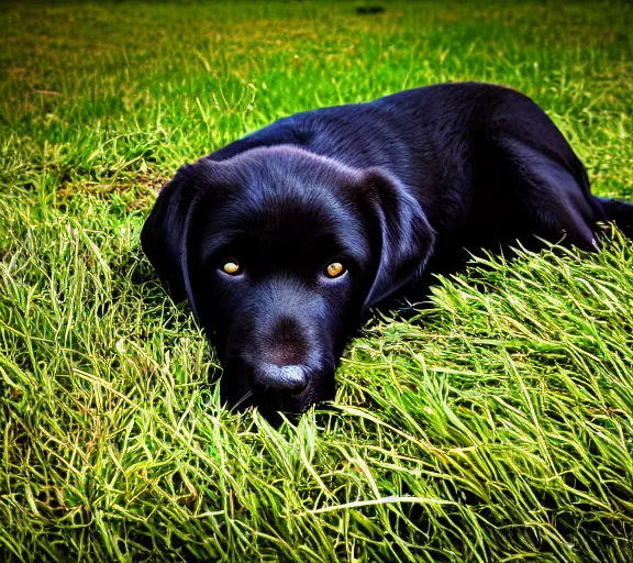 Prompt: a cute! black labrador dog lying in grass, bokeh