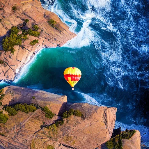 Prompt: a beautiful 8 k photo of a hot air balloon flying low across the rocky coast in winter, highly detailed photo