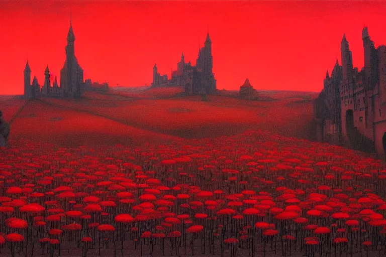 Image similar to only with red, red flowers of different types, red castle in background, red medieval big goblins, in the style of beksinski, parts by edward hopper, parts by rodcenko, parts by yue minjun, intricate and epic composition, red by caravaggio, insanely quality, highly detailed, masterpiece, red light, artstation, 4 k