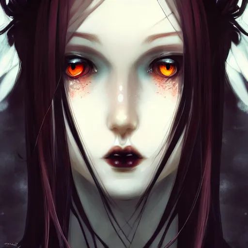 Image similar to facial portrait of a young pretty anime woman, long red hair, dark eyes, gothic eyeliner, character concept art, headshot, Charlie Bowater, Anna Dittmann, WLOP, Rumiko Takahashi, Akihiko Yoshida, Hyung-tae Kim, alexander mcqueen, trending on Artstation