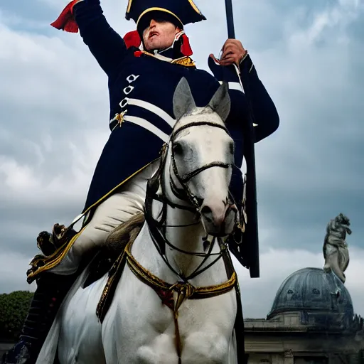 Image similar to portrait of emmanuel macron dressed as napoleon in a paris street dragging a cannon behind him, natural light, sharp, detailed face, magazine, press, photo, steve mccurry, david lazar, canon, nikon, focus