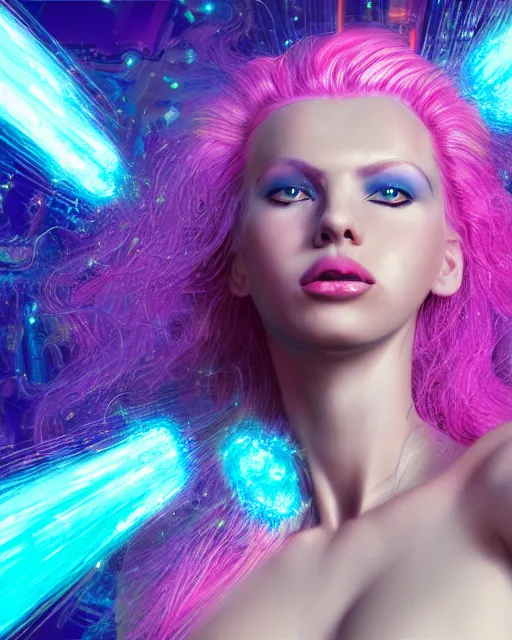 Image similar to a powerful energy psychedelic matrix queen with pink hair, by alexander fedosav, hyper detailed digital matte painting, concept art, hyperrealism, 1 6 k resolution, cinema 4 d, 8 k resolution, trending on artstation, behance hd, a masterpiece, by stephan martiniere, particles, cel - shaded, power bright neon energy, by david a. hardy