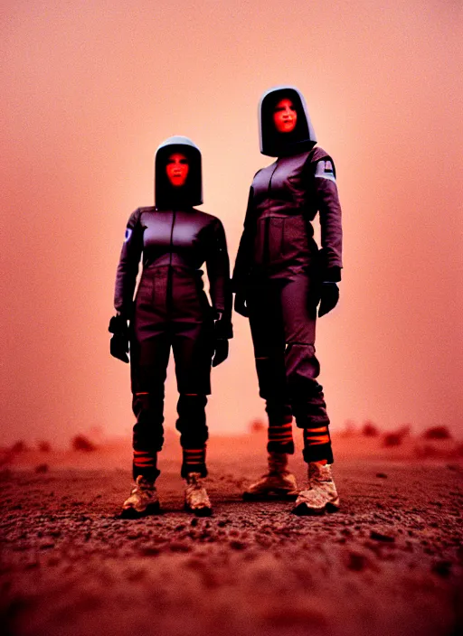 Image similar to photographic portrait shot on cinestill 5 0 d of two loving clones, techwear women on a desolate plain with a red sky, a brutalist dark metal facility in the background, dust storm, 3 5 mm, 8 k, depth of field, high resolution, ultra realistic faces