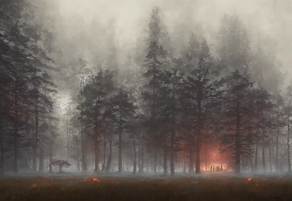 Image similar to a foggy forest with a huge wooden manor in the middle. fire coming out of its windows, artstation, jakub rozalski, high detail