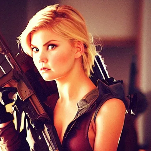 Prompt: elisha cuthbert as a soldier in a scifi battlefield