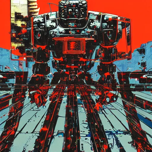Image similar to a fullmetal wired neon robot crosses the tori gates between reality and simulation, hanafuda oil on canvas by ivan shishkin, james jean and yoji shinkawa