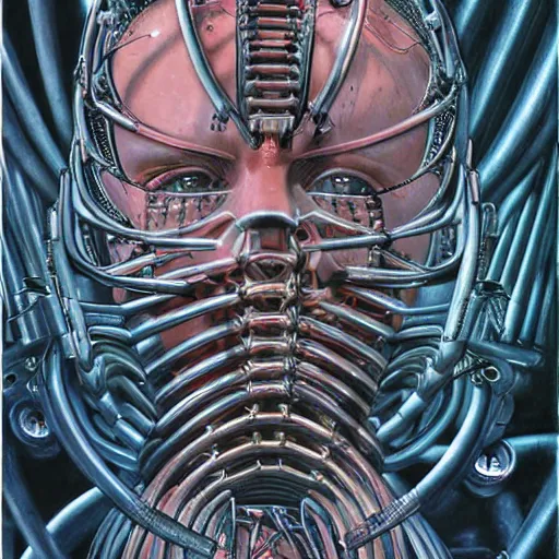 Image similar to britney spears encased in biomechanical machine, heavy conduits, complex scene, rich composition, heavy in detail, evil, corruption, decay, grime, sharp focus, airbrush, illustration, symmetrical, portrait, art by h. r. giger