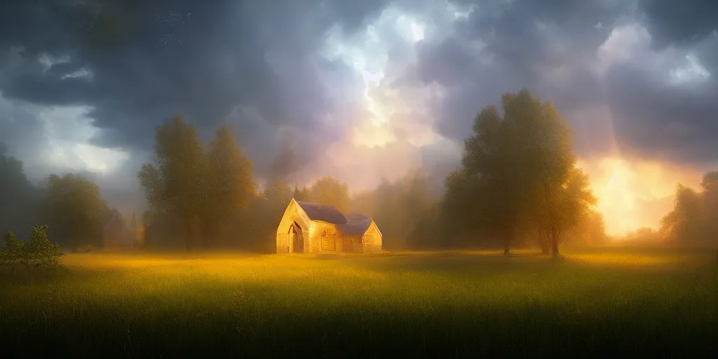 Image similar to idyllic church chapel with a steeple in a lush countryside meadow forest, rainbow across the sky, ethereal, golden swirling dust, iridescent, atmospheric, volumetric, cinematic, light breaking through clouds, greg rutkowski, wlop, otherworldly, glowing, trending on artstation, 8 k, unreal engine