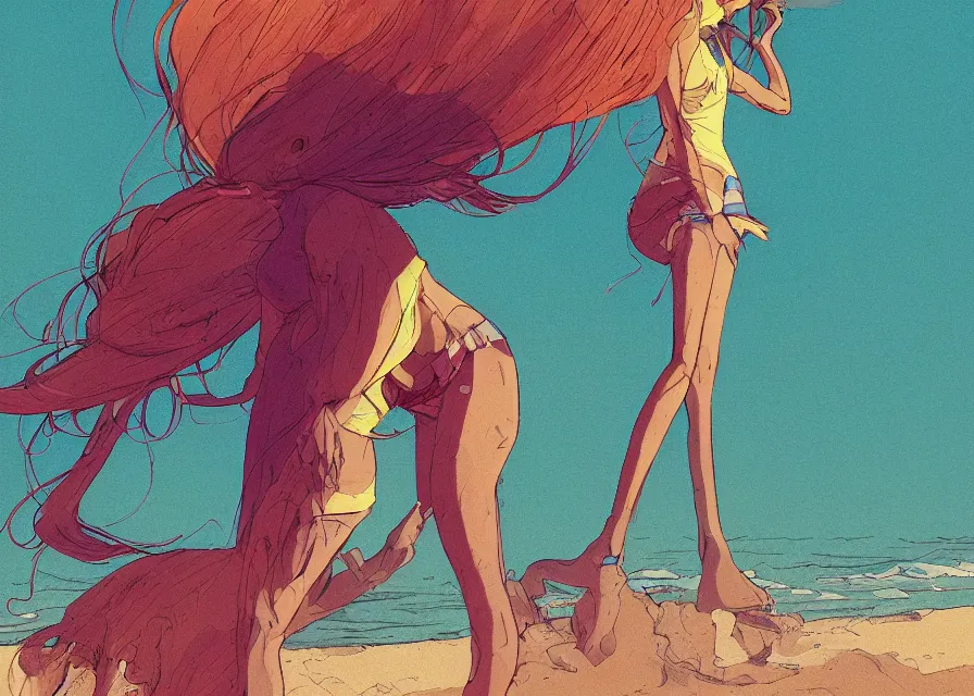 Prompt: a study of cell shaded cartoon of one single girl standing on the beach, facing the ocean, illustration, picture from behind, vibrant colors, post grunge, concept art by josan gonzales and wlop, by james jean, Victo ngai, David Rubín, Mike Mignola, Laurie Greasley, highly detailed, sharp focus, alien, Trending on Artstation, HQ, deviantart, art by artgem