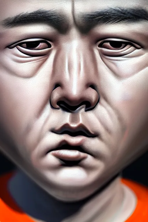 Image similar to hyperrealistic close-up graffiti exoskeleton! chinese man highly detailed concept art eric zener elson peter cinematic hard orange lighting high angle hd 8k sharp shallow depth of field