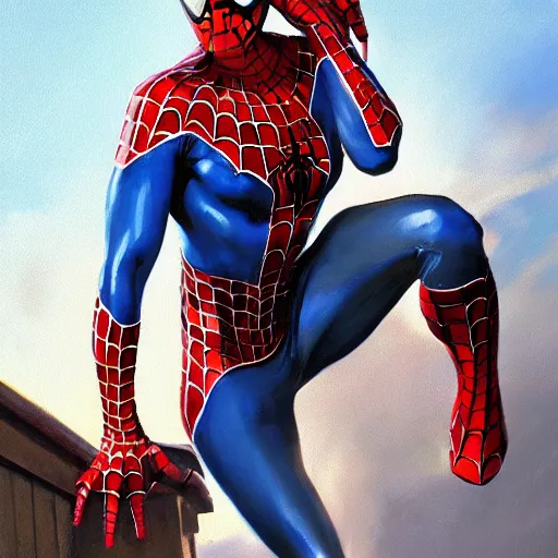 Image similar to greg manchess portrait painting of partially armored female spiderman as a genshin impact character, medium shot, asymmetrical, profile picture, organic painting, sunny day, matte painting, bold shapes, hard edges, street art, trending on artstation, by huang guangjian, gil elvgren, ruan jia, greg rutkowski, gaston bussiere