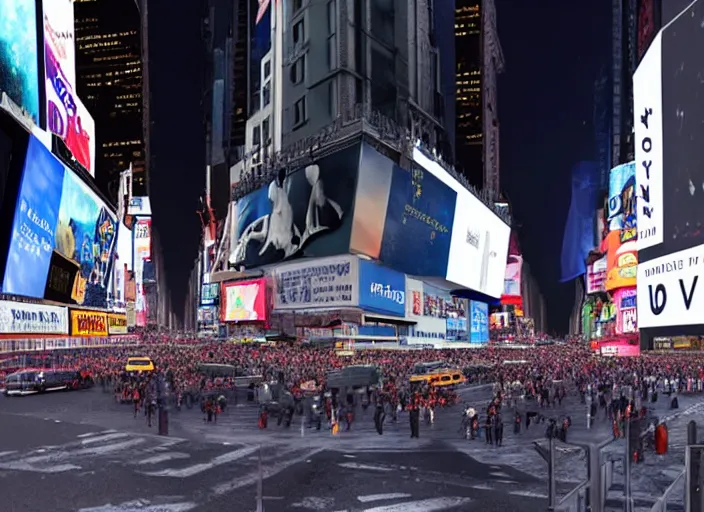 Image similar to film still of the moon shattering into pieces over time square in the new disaster movie, 8 k, night time