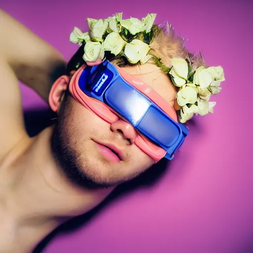 Prompt: close up kodak portra 4 0 0 portrait photograph of a skinny guy with blonde hair laying in a tub of milk, aerial view, wearing cyber goggles, flower crown, moody lighting, telephoto, 9 0 s vibe, blurry background, vaporwave colors, faded!,