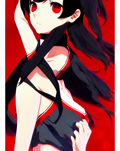 Prompt: makoto shinkai, artgerm, ilya kuvshinov, beautiful anime women with black red and red lace trim, black and red hair, wind powers symmetrical face, symmetrical eyes, detailed, field setting, cinematic lighting