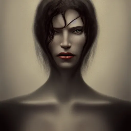 Prompt: portrait of a lady vampire, 35mm, depth of field, DOF, ominous, realistic, unreal engine, artstation, Zdzisław Beksiński, irwin penn