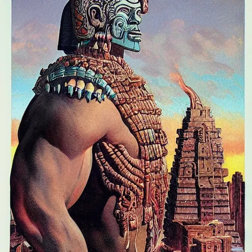 Image similar to giant mayan joe biden!!!!!!!!!!!!!!!!!!!!!!!! with flaming eyes standing over city, perfectly clear face, by j. c. leyendecker and beksinski