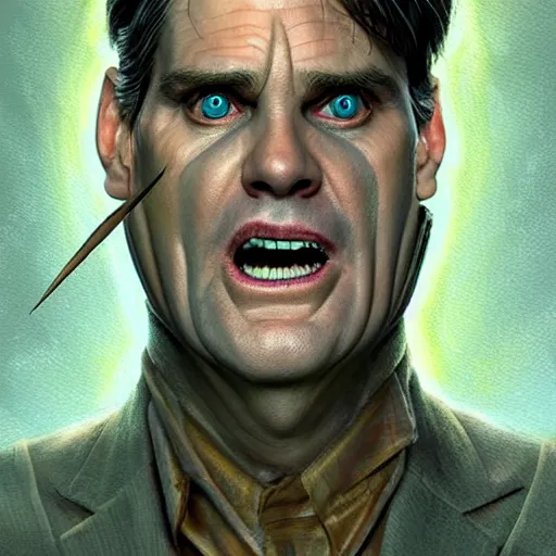 Image similar to hydra of lerna with two heads, one head is jim carey as lloyd christmas, the other head is jeff daniels as harry dunne ( from dumb and dumber ), serpentine water monster, d & d, fantasy, portrait, highly detailed, digital painting, trending on artstation, concept art, sharp focus, illustration, art by artgerm and craig mullins