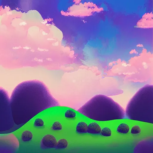 Prompt: “lush hills with fluffy pink clouds digital art”