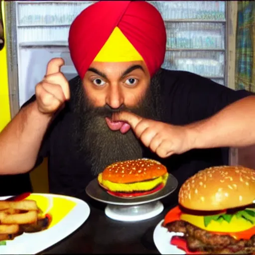 Prompt: sikh eating burger, still from dragon ball z