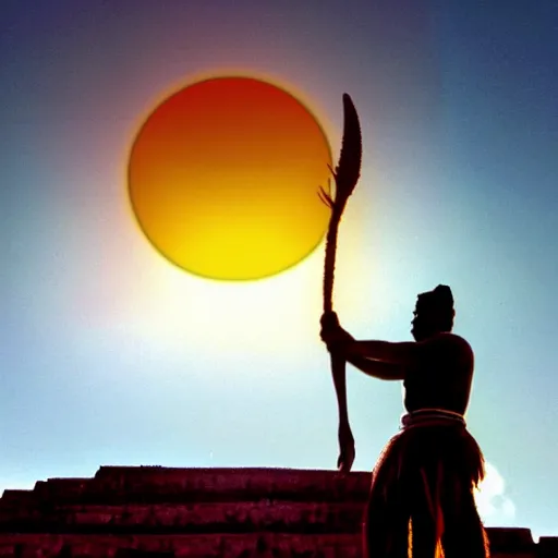 Prompt: Mayan warrior silhouette behind the sun