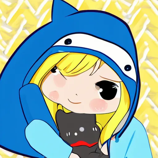 Image similar to a blonde girl in a black hoodie holding a blahaj blue shark plush from ikea, anime style digital art