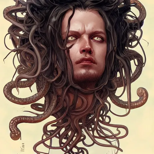 Image similar to male medusa, highly detailed, snakes, digital painting, blood in the eyes, cute face, artstation, concept art, smooth, sharp focus, illustration, art by artgerm and greg rutkowski and alphonse mucha