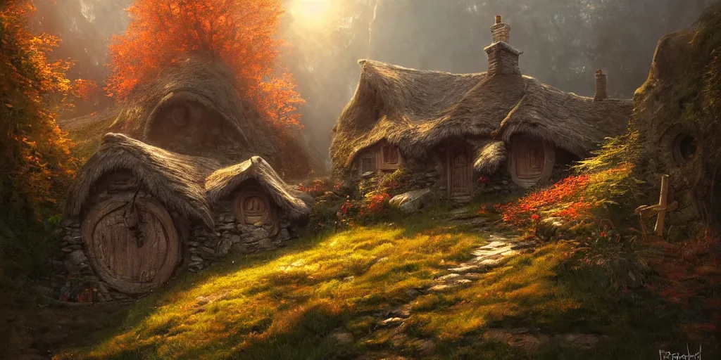 Image similar to a hobbit cottage on top of a steep hill, greg rutkowski, zabrocki, moebius, karlkka, jayison devadas concept art, highly detailed, autumn sunlights, smoky atmosphere, ( ray of sunlight ), ilya kuvshinov, ossdraws, 8 k, ultra wide angle, zenith view, lens effect