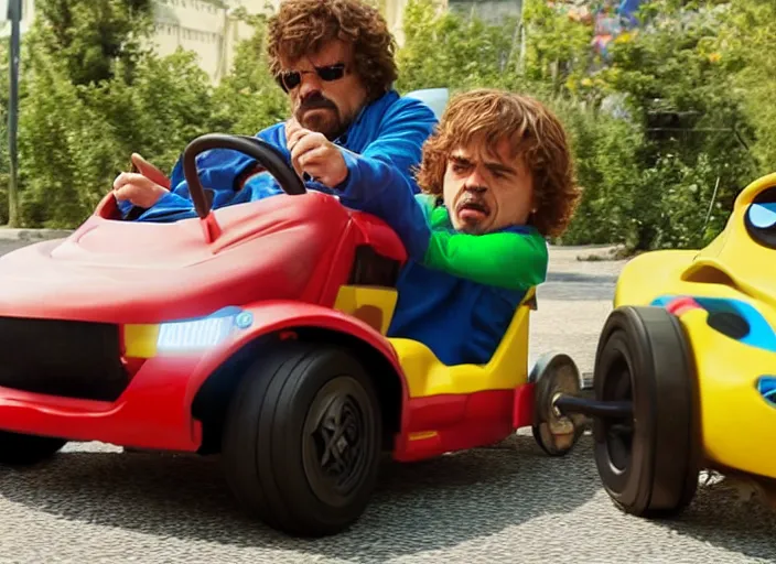 Image similar to peter dinklage mad driving a little tikes car, movie still, from the new fast and furious movie, 8 k, realistic