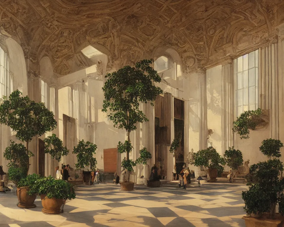 Prompt: an achingly beautiful print of the interior of an art museum teeming with epic paintings, classical antiquities, and potted plants by Raphael, Hopper, and Rene Magritte. detailed, romantic, enchanting, trending on artstation.