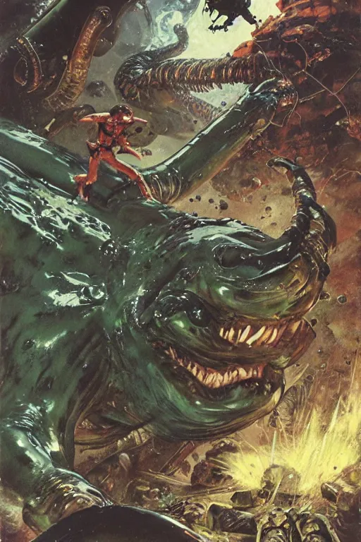 Image similar to huge slimy salamander attacks, dynamic action on alien planet, by norman rockwell, jack kirby, jon berkey, earle bergey, craig mullins, ruan jia, jeremy mann, tom lovell, marvel, astounding stories, 5 0 s pulp illustration, scifi, fantasy