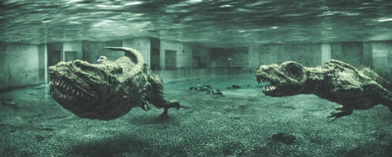 Image similar to an ultra wide colour 3 5 mm film photo of a terrifying reptile humanoid creature, lurking underwater in a public swimming pool, liminal spaces, ritual occult gathering, film grain