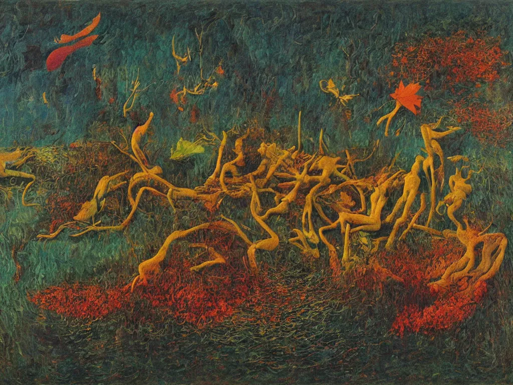 Prompt: paraphernalia on the bark. brink of the melancholy fjords, flock of alligators crumble so. obituary to the leaves. a psychedelic dream, that is. painting by max ernst, paolo ucello, caspar david friedrich, agnes pelton, rene magritte, monet