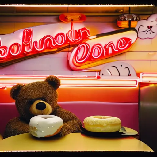 Image similar to a teddy bear eating a donut at a 1950s neon diner