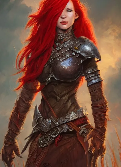 Prompt: red hair female, ultra detailed fantasy, dndbeyond, bright, colourful, realistic, dnd character portrait, full body, pathfinder, pinterest, art by ralph horsley, dnd, rpg, lotr game design fanart by concept art, behance hd, artstation, deviantart, hdr render in unreal engine 5