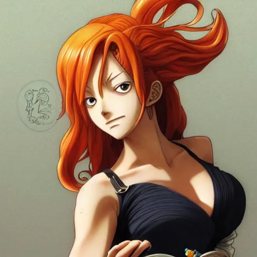 Image similar to intricately detailed vfx portrait of nami from one piece by eiichiro oda!, makoto shinkai, alphonse mucha, art by artgerm and greg rutkowski!, best of behance, concept art, matte, sharp focus, orange hair, adolphe bouguereau, annie leibovitz, stanley kubrick,