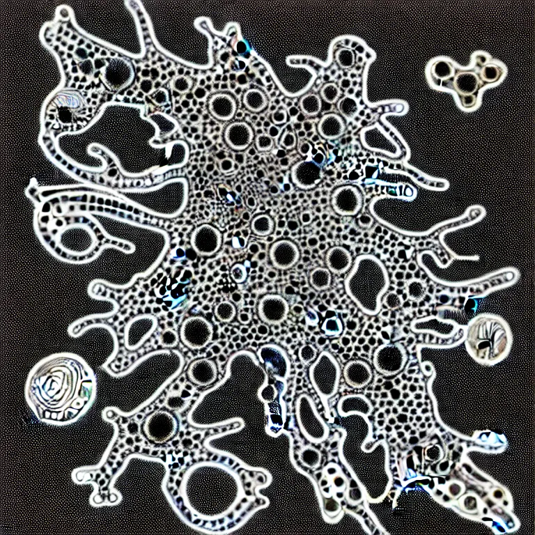 Image similar to a black and white drawing of a variety of sea life and filled with gundam mech equipment space station, a microscopic photo by ernst haeckel, zbrush central, kinetic pointillism, bioluminescence, biomechanical, intricate patterns, photoillustration