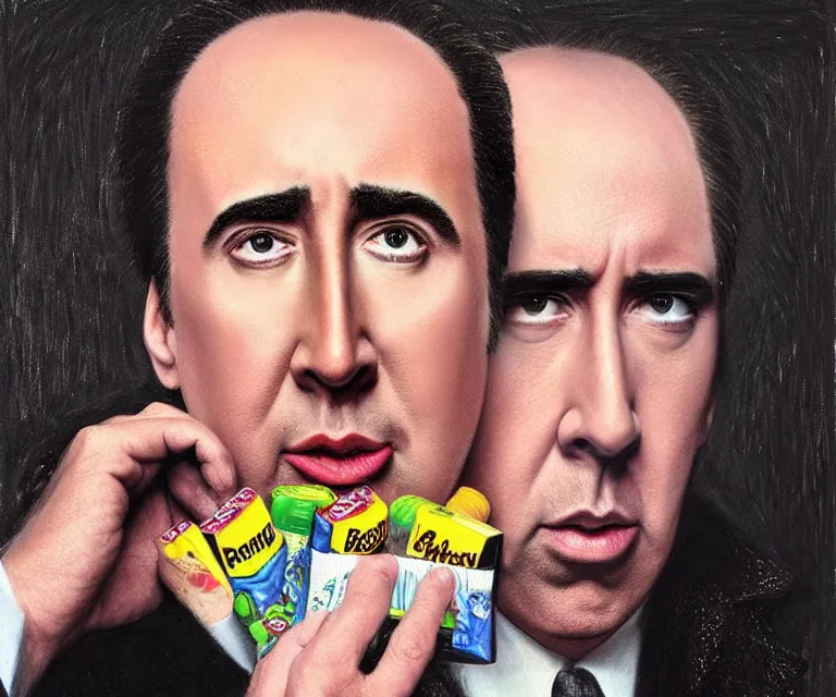 Image similar to “ nicholas cage as sad batman, eating crayons from the box, simple, hyperrealism, photorealistic, 8 k, high def ”