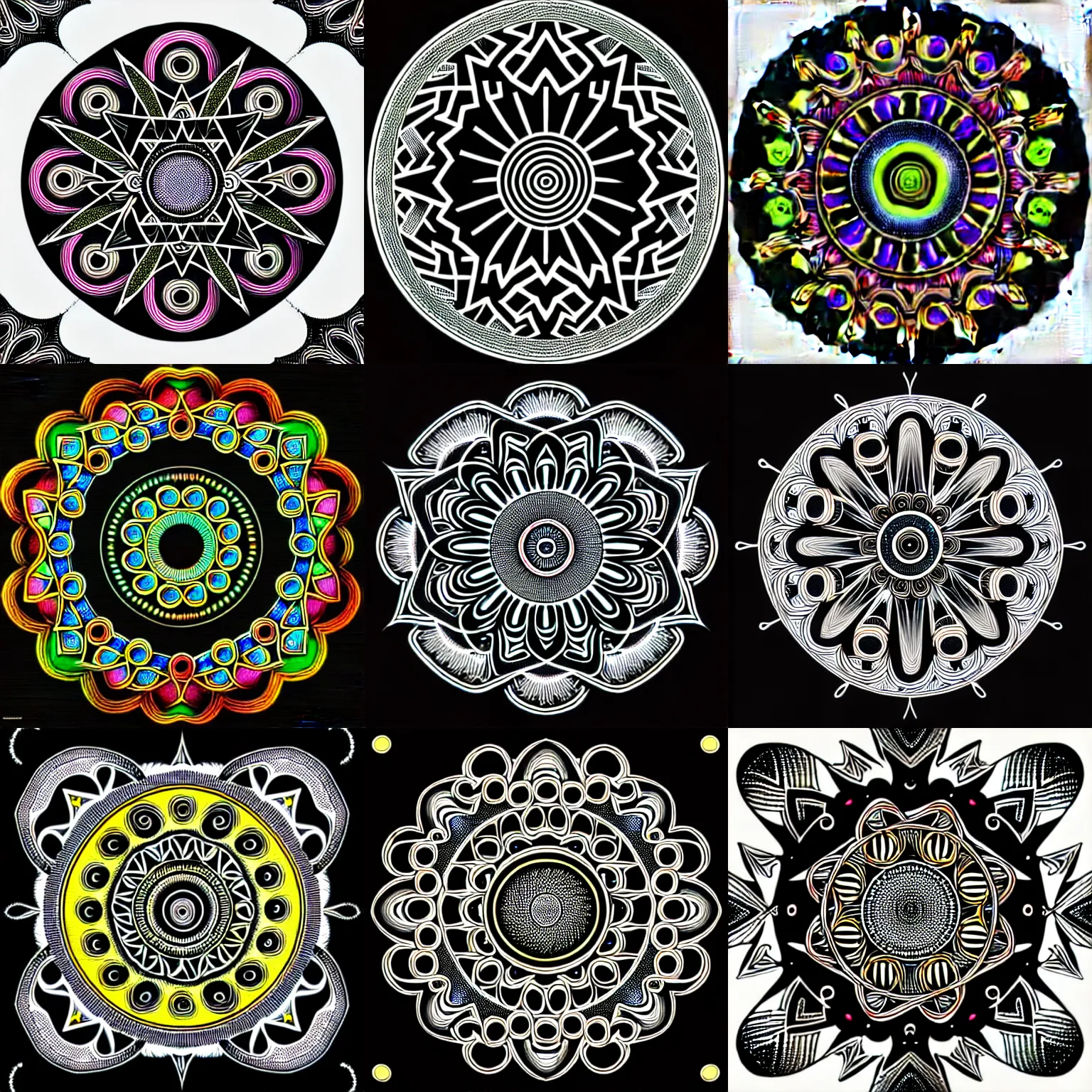 Prompt: circular colored symmetrical ornament on a black background, a detailed drawing by wolfgang zelmer, shutterstock contest winner, psychedelic art, fractalism, intricate patterns