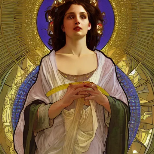 Prompt: a Portrait of A goddess in a church with a holy light emanating from her body by greg rutkowsk and alphonse mucha,In style of digital art illustration.WLOP.hyper detailed,smooth, sharp focus,trending on artstation,4k
