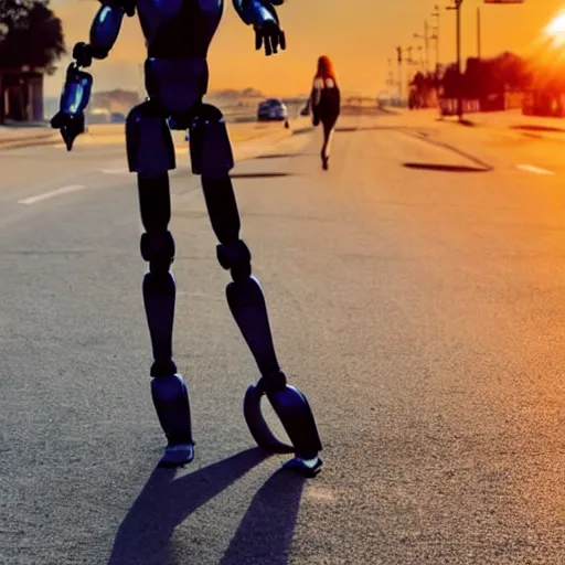 Image similar to a calming photograph of a tall, slender, humanoid robot caresses a beautiful woman in the face, large shot, wide shot, in a street, sunset photo